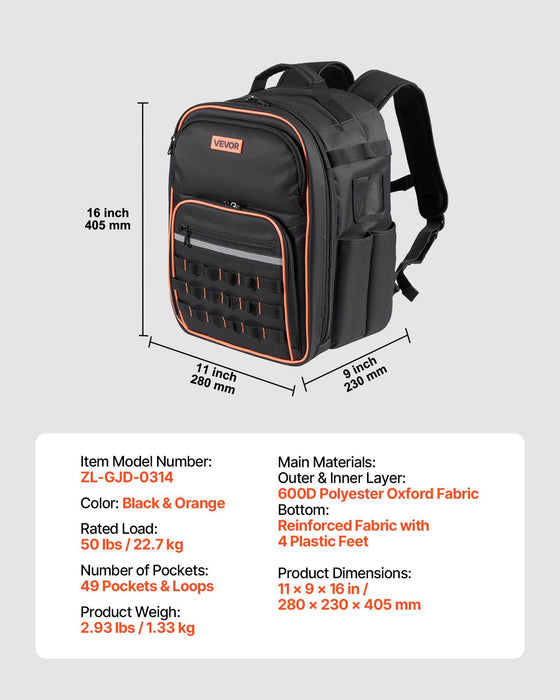 Tool Backpack, 49 Pockets, Heavy-duty Tools Storage Organizer Work Bags with Laptop Compartment & Reinforced Fabric Base, Electrician Jobsite Backpack for Electrician, Repairman