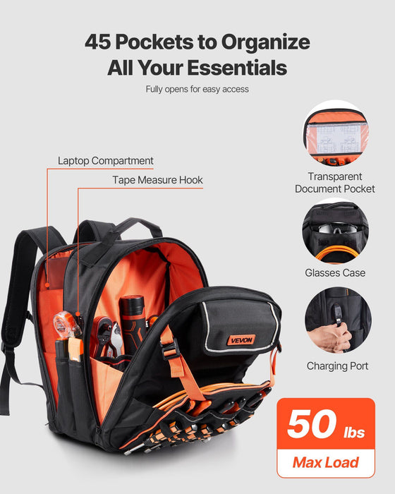 Tool Backpack, 45 Pockets, Heavy-duty Tools Storage Organizer Work Bags with Laptop Compartment & Reinforced Fabric Basee, Electrician Jobsite Backpack for Electrician, Repairman