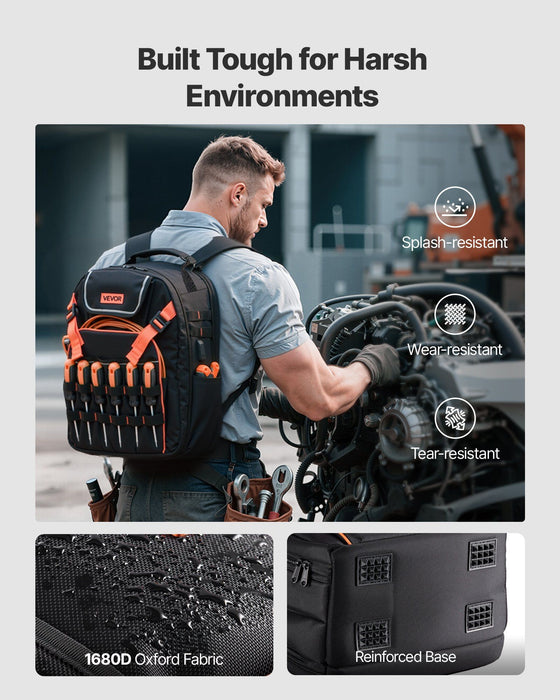 Tool Backpack, 45 Pockets, Heavy-duty Tools Storage Organizer Work Bags with Laptop Compartment & Reinforced Fabric Basee, Electrician Jobsite Backpack for Electrician, Repairman
