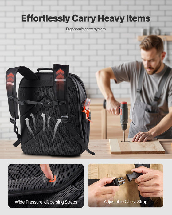 Tool Backpack, 45 Pockets, Heavy-duty Tools Storage Organizer Work Bags with Laptop Compartment & Reinforced Fabric Basee, Electrician Jobsite Backpack for Electrician, Repairman