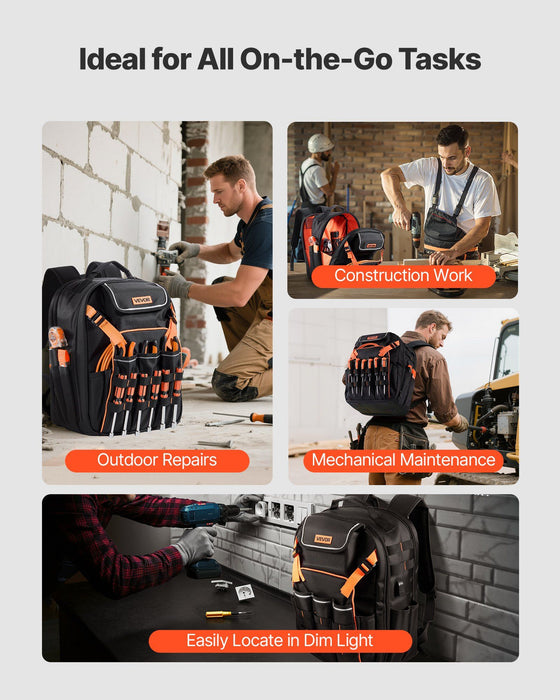 Tool Backpack, 45 Pockets, Heavy-duty Tools Storage Organizer Work Bags with Laptop Compartment & Reinforced Fabric Basee, Electrician Jobsite Backpack for Electrician, Repairman