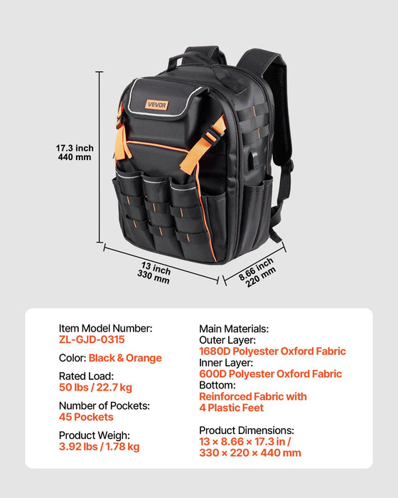 Tool Backpack, 45 Pockets, Heavy-duty Tools Storage Organizer Work Bags with Laptop Compartment & Reinforced Fabric Basee, Electrician Jobsite Backpack for Electrician, Repairman