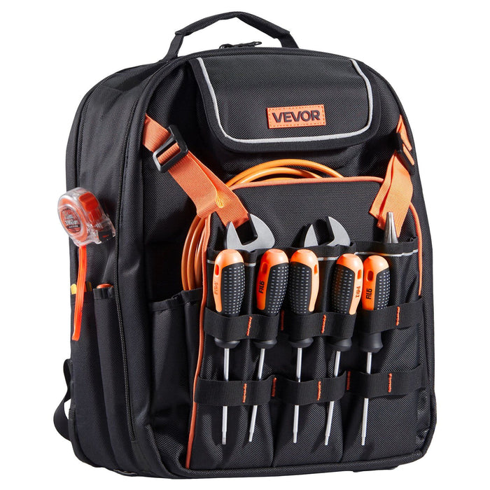 Tool Backpack, 45 Pockets, Heavy-duty Tools Storage Organizer Work Bags with Laptop Compartment & Reinforced Fabric Basee, Electrician Jobsite Backpack for Electrician, Repairman
