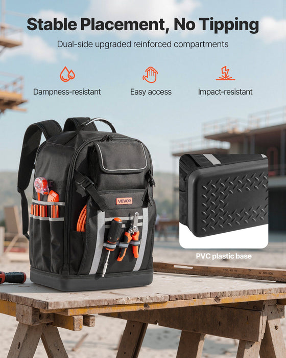 Tool Backpack, 56 Pockets, Heavy-duty Tools Storage Organizer Bags with Molded Base, Electrician Jobsite Backpack for Construction Jobsite, Electrician, Industrial, Repairman, and HVAC Techs