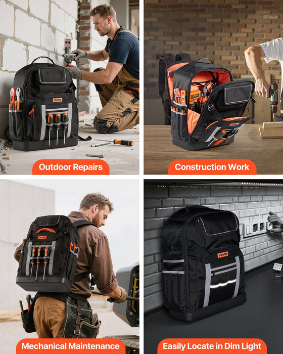 Tool Backpack, 56 Pockets, Heavy-duty Tools Storage Organizer Bags with Molded Base, Electrician Jobsite Backpack for Construction Jobsite, Electrician, Industrial, Repairman, and HVAC Techs