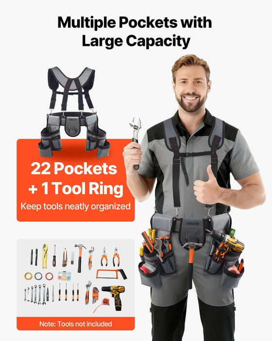 Tool Belt, 22 Pockets Tool Pouch with Suspenders for Men, Heavy Duty Adjustable Utility Belt Bag Suspenders for Electrician, Carpenter, Construction, Work Apron Organizer Waist Adjust 81-173 cm