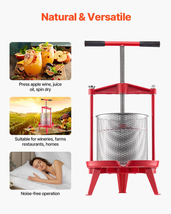 VEVOR 3.69 Gal/14L Fruit Wine Press, Stainless Steel Basket with Cross-beam and Triangular Structure, Manual Juice Maker, Cider Apple Grape Tincture Making Press with T-Handle for Kitchen Home