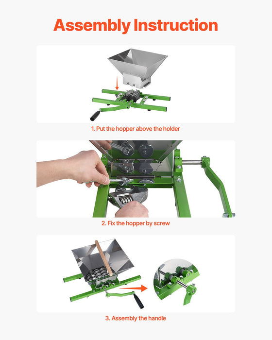 VEVOR 1.8 Gal/7L Fruit and Apple Crusher, Large Manual Grinder, Stainless Steel Fruit Scratter Pulper for Wine Cider Apple Grape Pressing, with Roller Handle for Kitchen Home, Green