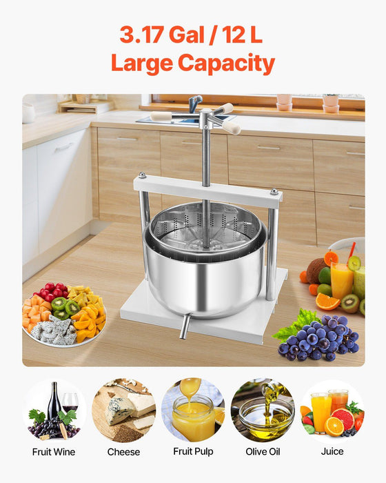 3.17 Gal/12L Fruit Wine Press, 2 Stainless Steel Barrels, Manual Juice Maker, Cider Apple Grape Tincture Honey Olive Oil Making Press with Triangular Handle for Outdoor Kitchen Home