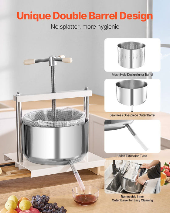 3.17 Gal/12L Fruit Wine Press, 2 Stainless Steel Barrels, Manual Juice Maker, Cider Apple Grape Tincture Honey Olive Oil Making Press with Triangular Handle for Outdoor Kitchen Home