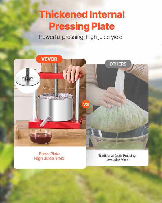 VEVOR 0.8 Gal/3L Fruit Wine Press, 2 Stainless Steel Barrels, Manual Juice Maker, Cider Apple Grape Tincture Honey Olive Oil Making Press with T-Handle for Outdoor Kitchen Home