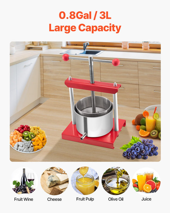 VEVOR 0.8 Gal/3L Fruit Wine Press, 2 Stainless Steel Barrels, Manual Juice Maker, Cider Apple Grape Tincture Honey Olive Oil Making Press with T-Handle for Outdoor Kitchen Home