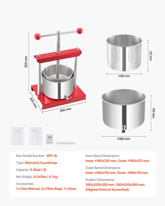VEVOR 0.8 Gal/3L Fruit Wine Press, 2 Stainless Steel Barrels, Manual Juice Maker, Cider Apple Grape Tincture Honey Olive Oil Making Press with T-Handle for Outdoor Kitchen Home