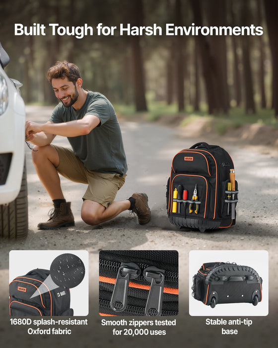 VEVOR Rolling Tool Backpack, 110 lbs Load Capacity, 45 Pockets Heavy Duty Roller Tool Bag on Wheels, Adjustable Telescoping Handle & Stable Base, Toolbag Organizers for Construction, Mechanic