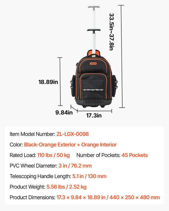 VEVOR Rolling Tool Backpack, 110 lbs Load Capacity, 45 Pockets Heavy Duty Roller Tool Bag on Wheels, Adjustable Telescoping Handle & Stable Base, Toolbag Organizers for Construction, Mechanic