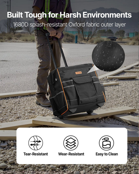 Rolling Tool Bag, 110 lbs Load Capacity, 25 Pockets Heavy Duty Roller Tool Bag on Wheels, Adjustable Telescoping Handle & Stable Base, Toolbag Organizers with Wheels for Construction, Mechanic