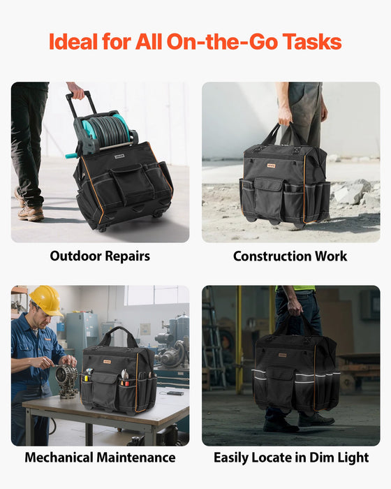 VEVOR Rolling Tool Bag, 110 lbs Load Capacity, 25 Pockets Heavy Duty Roller Tool Bag with Adjustable Telescoping Handle & Stable Base, Toolbag Organizers with Wheels for Electrician, Construction