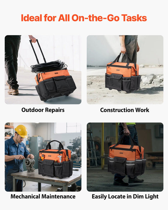 Rolling Tool Bag, 110 lbs Load Capacity, 27 Pockets Heavy Duty Roller Tool Bag on Wheels, Adjustable Telescoping Handle & Stable Base, Toolbag Organizers with Wheels for Construction, Mechanic