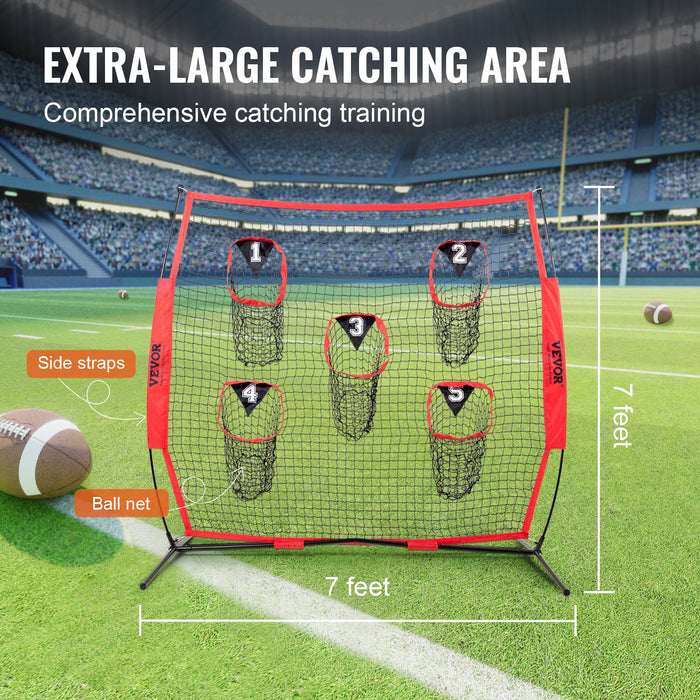 VEVOR 6 x 6 ft Football Trainer Throwing Net, Training Throwing Target Practice Net with 5 Target Pockets, Knotless Net Includes Bow Frame and Portable Carry Case, Improve QB Throwing Accuracy, Red