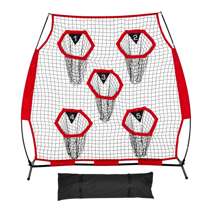 VEVOR 1828.8x1828.8mm Football Trainer Throwing Net, Training Throwing Target Practice Net with 5 Target Pockets, Knotless Net Includes Straps and Portable Carry Case, Improve QB Throwing Accuracy,Red