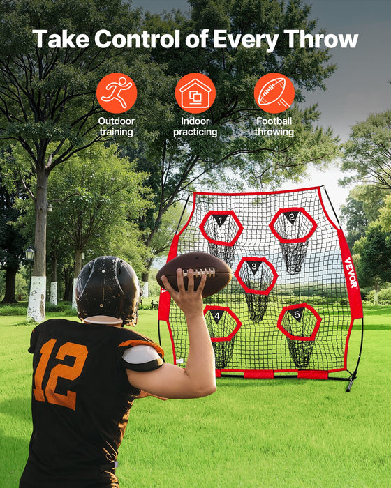 VEVOR 1828.8x1828.8mm Football Trainer Throwing Net, Training Throwing Target Practice Net with 5 Target Pockets, Knotless Net Includes Straps and Portable Carry Case, Improve QB Throwing Accuracy,Red