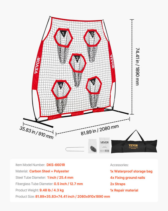 VEVOR 1828.8x1828.8mm Football Trainer Throwing Net, Training Throwing Target Practice Net with 5 Target Pockets, Knotless Net Includes Straps and Portable Carry Case, Improve QB Throwing Accuracy,Red