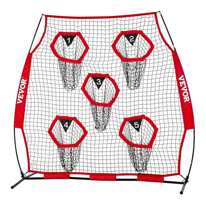 VEVOR 1828.8x1828.8mm Football Trainer Throwing Net, Training Throwing Target Practice Net with 5 Target Pockets, Knotless Net Includes Straps and Portable Carry Case, Improve QB Throwing Accuracy,Red