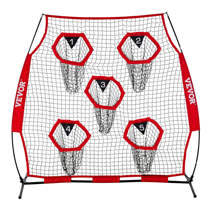 VEVOR 1828.8x1828.8mm Football Trainer Throwing Net, Training Throwing Target Practice Net with 5 Target Pockets, Knotless Net Includes Straps and Portable Carry Case, Improve QB Throwing Accuracy,Red