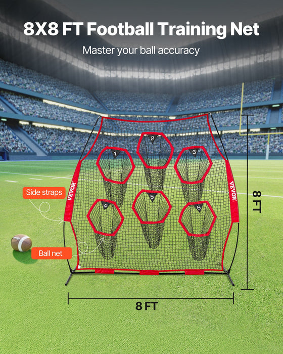 VEVOR 2438.4x2438.4mm Football Trainer Throwing Net, Training Throwing Target Practice Net with 6 Target Pockets, Knotless Net Includes Straps and Portable Carry Case, Improve QB Throwing Accuracy,Red
