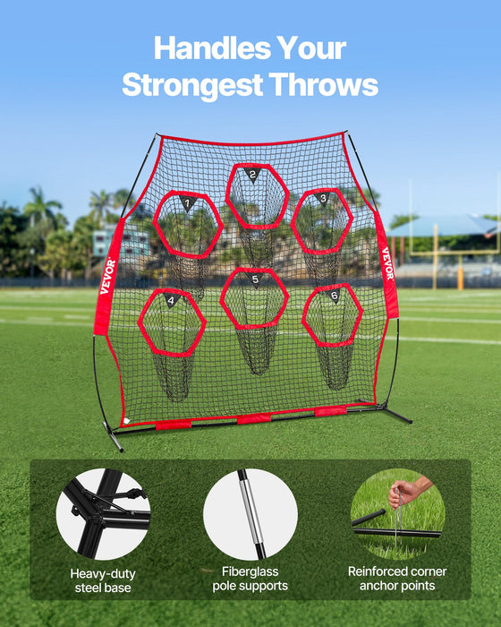 VEVOR 2438.4x2438.4mm Football Trainer Throwing Net, Training Throwing Target Practice Net with 6 Target Pockets, Knotless Net Includes Straps and Portable Carry Case, Improve QB Throwing Accuracy,Red