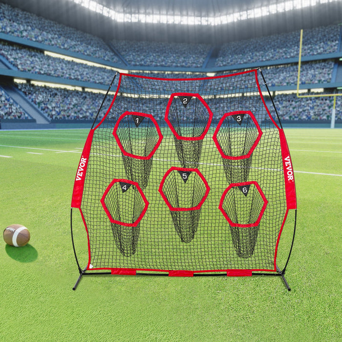 VEVOR 2438.4x2438.4mm Football Trainer Throwing Net, Training Throwing Target Practice Net with 6 Target Pockets, Knotless Net Includes Straps and Portable Carry Case, Improve QB Throwing Accuracy,Red