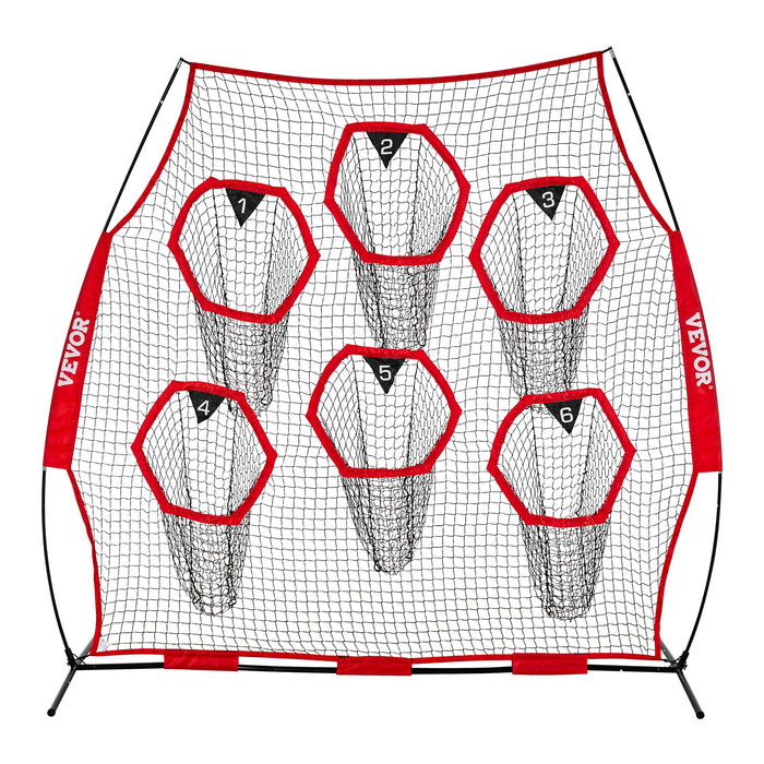 VEVOR 2438.4x2438.4mm Football Trainer Throwing Net, Training Throwing Target Practice Net with 6 Target Pockets, Knotless Net Includes Straps and Portable Carry Case, Improve QB Throwing Accuracy,Red