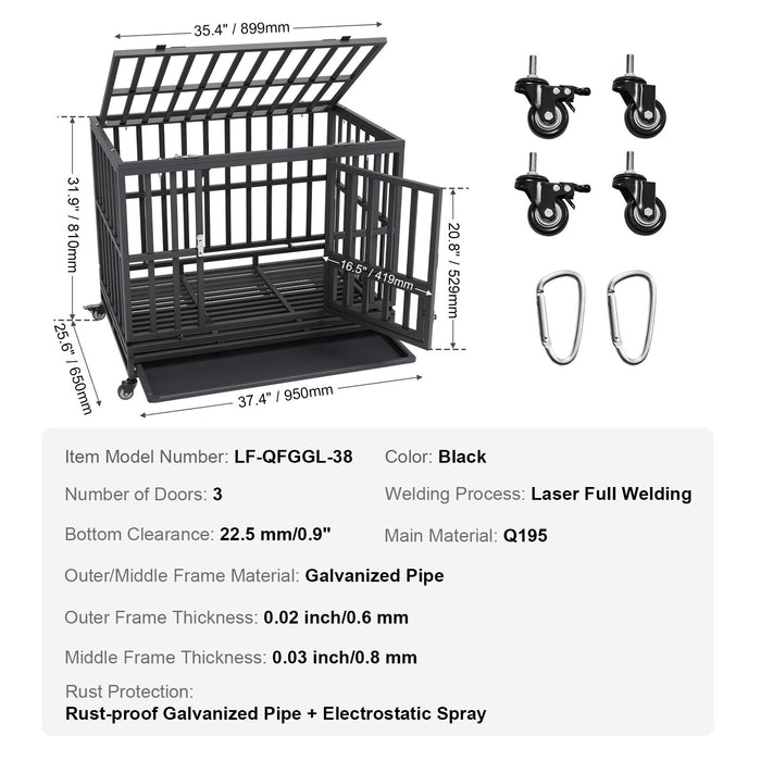 VEVOR Heavy Duty Dog Crate 38 in Metal Dog Kennel with Wheels and Removable Tray