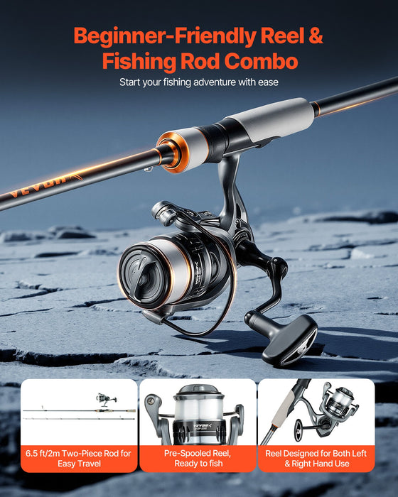 VEVOR Rod and Fishing Reel Combo, IM6 Fiberglass & Carbon Fiber Spinning Rod and Reel Combo, Bass Fishing Pole with 2m Two-Piece Rods, 6+1 Ball Bearings, Stainless Steel Guides with Ceramic Rings