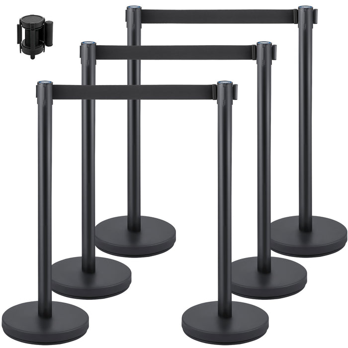 VEVOR Crowd Control Stanchion, Set of 6 Pieces Stanchion Set, Stanchion Set with 6.6 ft/2 m Black Retractable Belt, Black Crowd Control Barrier with Concrete and Metal Base â€?Easy Connect Assembly
