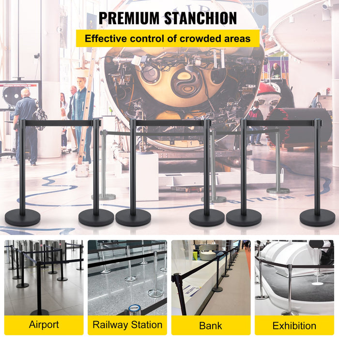 VEVOR Crowd Control Stanchion, Set of 6 Pieces Stanchion Set, Stanchion Set with 6.6 ft/2 m Black Retractable Belt, Black Crowd Control Barrier with Concrete and Metal Base â€?Easy Connect Assembly