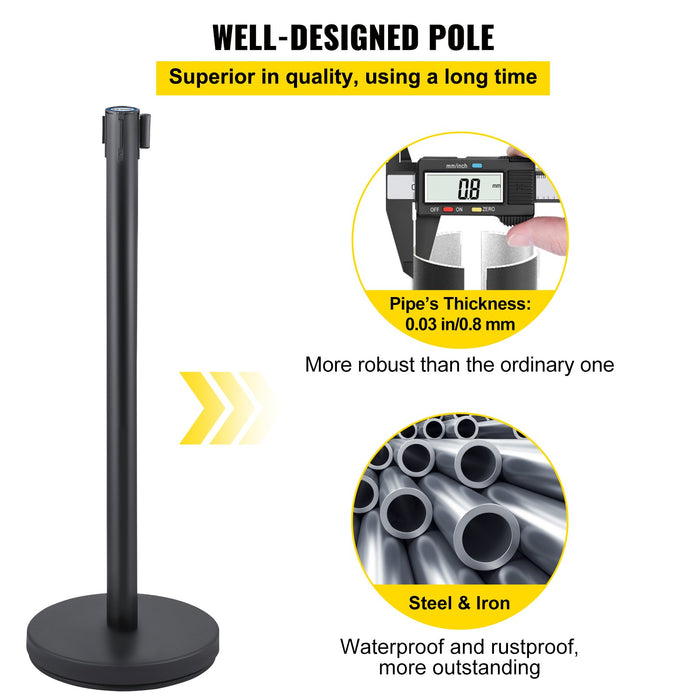 VEVOR Crowd Control Stanchion, Set of 6 Pieces Stanchion Set, Stanchion Set with 6.6 ft/2 m Black Retractable Belt, Black Crowd Control Barrier with Concrete and Metal Base â€?Easy Connect Assembly
