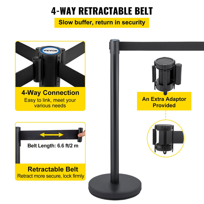 VEVOR Crowd Control Stanchion, Set of 6 Pieces Stanchion Set, Stanchion Set with 6.6 ft/2 m Black Retractable Belt, Black Crowd Control Barrier with Concrete and Metal Base â€?Easy Connect Assembly