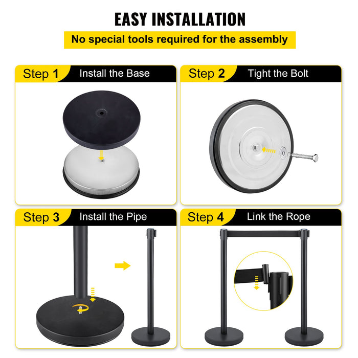 VEVOR Crowd Control Stanchion, Set of 6 Pieces Stanchion Set, Stanchion Set with 6.6 ft/2 m Black Retractable Belt, Black Crowd Control Barrier with Concrete and Metal Base â€?Easy Connect Assembly