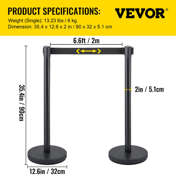 VEVOR Crowd Control Stanchion, Set of 6 Pieces Stanchion Set, Stanchion Set with 6.6 ft/2 m Black Retractable Belt, Black Crowd Control Barrier with Concrete and Metal Base â€?Easy Connect Assembly