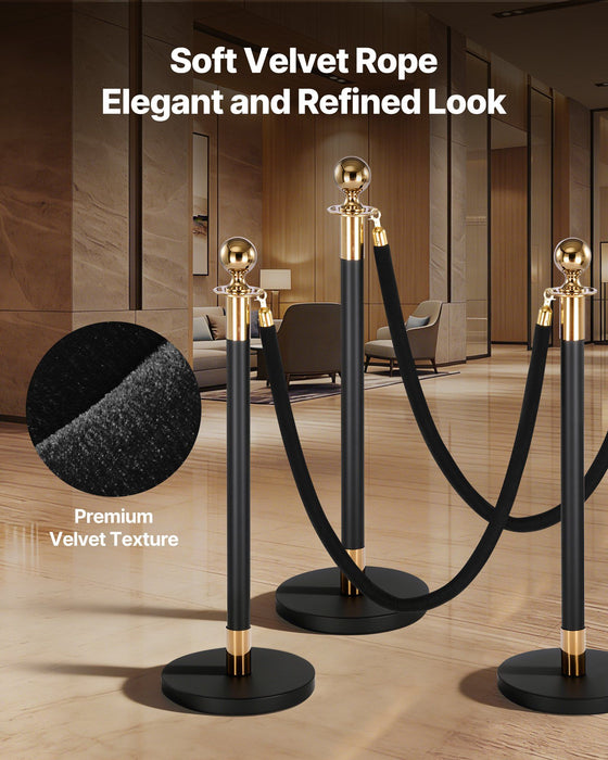 2 Pcs Black Velvet Stanchion Ropes, 1.5 m Crowd Control Stanchion Black Velvet Ropes with Gold Hooks, Post Queue Barrier Carpet Rope for Carpet Events Movie Theaters Grand Openings Hotels Party