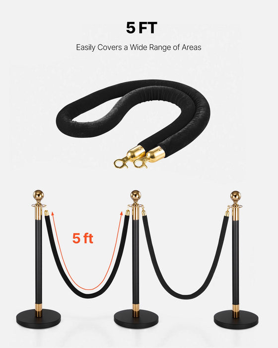 2 Pcs Black Velvet Stanchion Ropes, 1.5 m Crowd Control Stanchion Black Velvet Ropes with Gold Hooks, Post Queue Barrier Carpet Rope for Carpet Events Movie Theaters Grand Openings Hotels Party