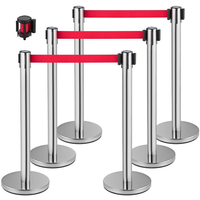 VEVOR Crowd Control Stanchion, Set of 6 Pieces Stanchion Set, Stanchion Set with 2 m Red Retractable Belt, Crowd Control Barrier with Rubber Base â€?Easy Connect Assembly for Crowd Control (Silver)