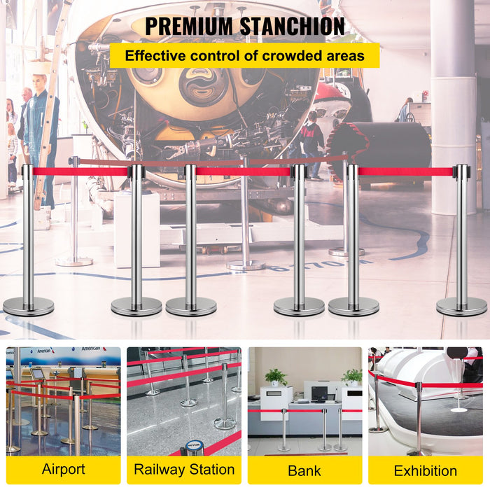 VEVOR Crowd Control Stanchion, Set of 6 Pieces Stanchion Set, Stanchion Set with 2 m Red Retractable Belt, Crowd Control Barrier with Rubber Base â€?Easy Connect Assembly for Crowd Control (Silver)