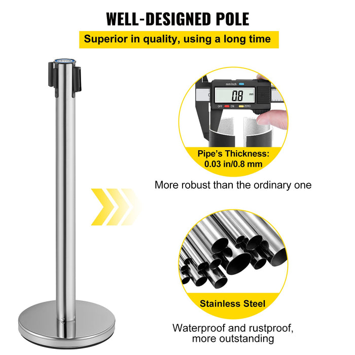 VEVOR Crowd Control Stanchion, Set of 6 Pieces Stanchion Set, Stanchion Set with 2 m Red Retractable Belt, Crowd Control Barrier with Rubber Base â€?Easy Connect Assembly for Crowd Control (Silver)