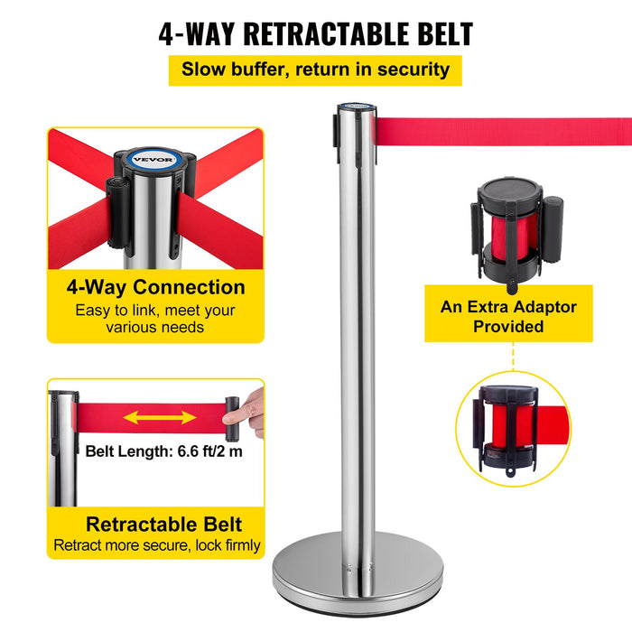 VEVOR Crowd Control Stanchion, Set of 6 Pieces Stanchion Set, Stanchion Set with 2 m Red Retractable Belt, Crowd Control Barrier with Rubber Base â€?Easy Connect Assembly for Crowd Control (Silver)