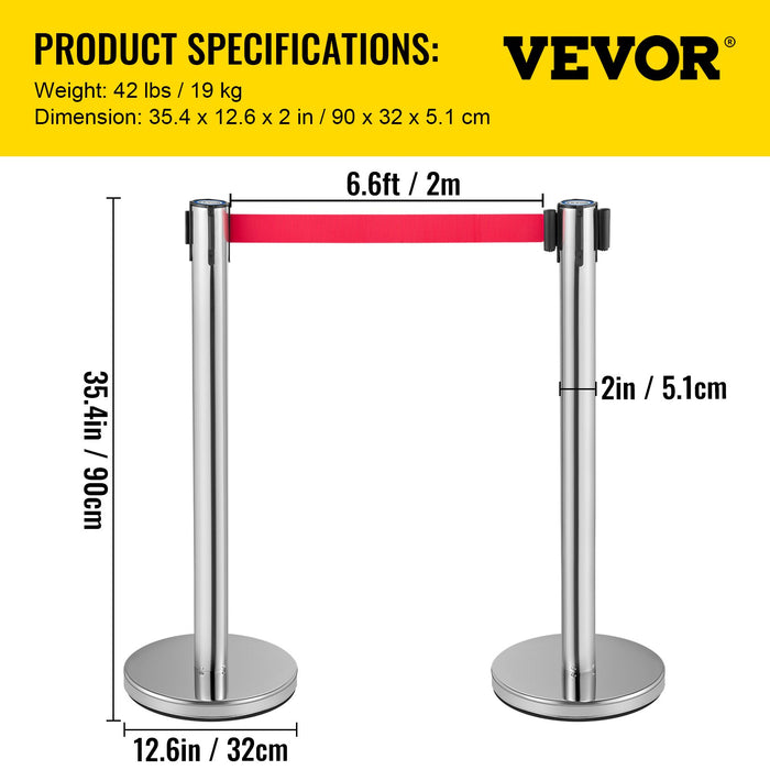 VEVOR Crowd Control Stanchion, Set of 6 Pieces Stanchion Set, Stanchion Set with 2 m Red Retractable Belt, Crowd Control Barrier with Rubber Base â€?Easy Connect Assembly for Crowd Control (Silver)