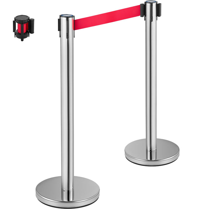 VEVOR Crowd Control Stanchion, Set of 6 Pieces Stanchion Set, Stanchion Set with 2 m Red Retractable Belt, Crowd Control Barrier with Rubber Base â€?Easy Connect Assembly for Crowd Control (Silver)