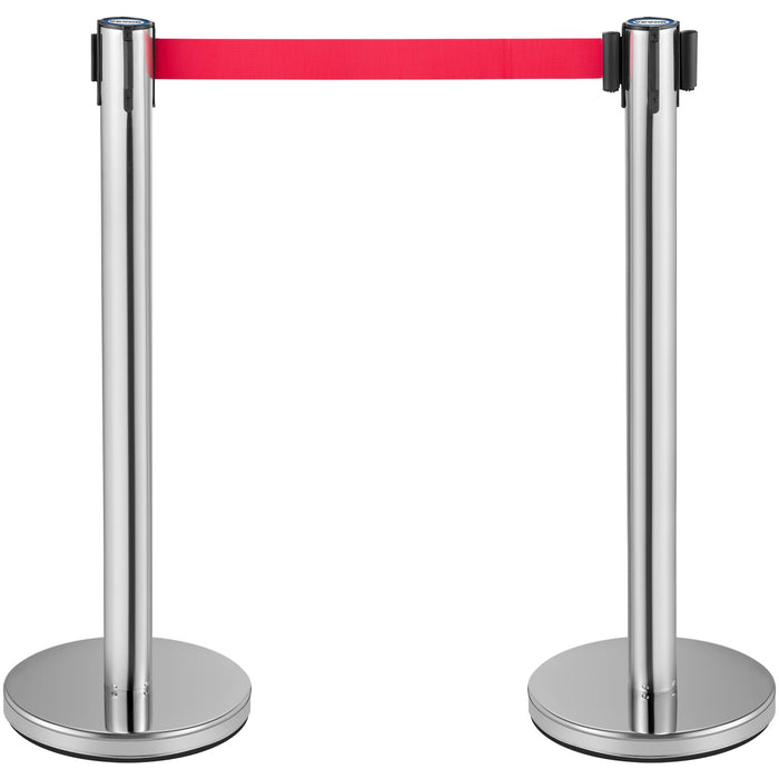 VEVOR Crowd Control Stanchion, Set of 6 Pieces Stanchion Set, Stanchion Set with 2 m Red Retractable Belt, Crowd Control Barrier with Rubber Base â€?Easy Connect Assembly for Crowd Control (Silver)