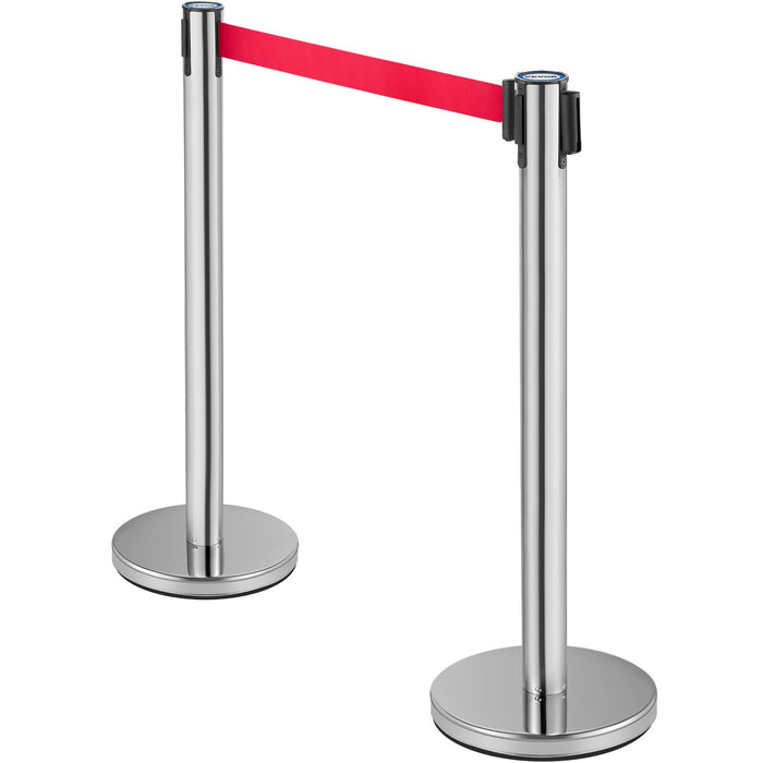 VEVOR Crowd Control Stanchion, Set of 6 Pieces Stanchion Set, Stanchion Set with 2 m Red Retractable Belt, Crowd Control Barrier with Rubber Base â€?Easy Connect Assembly for Crowd Control (Silver)